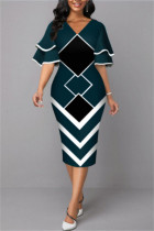 インクグリーンファッションカジュアルプリントパッチワークVネックワンステップスカートドレス