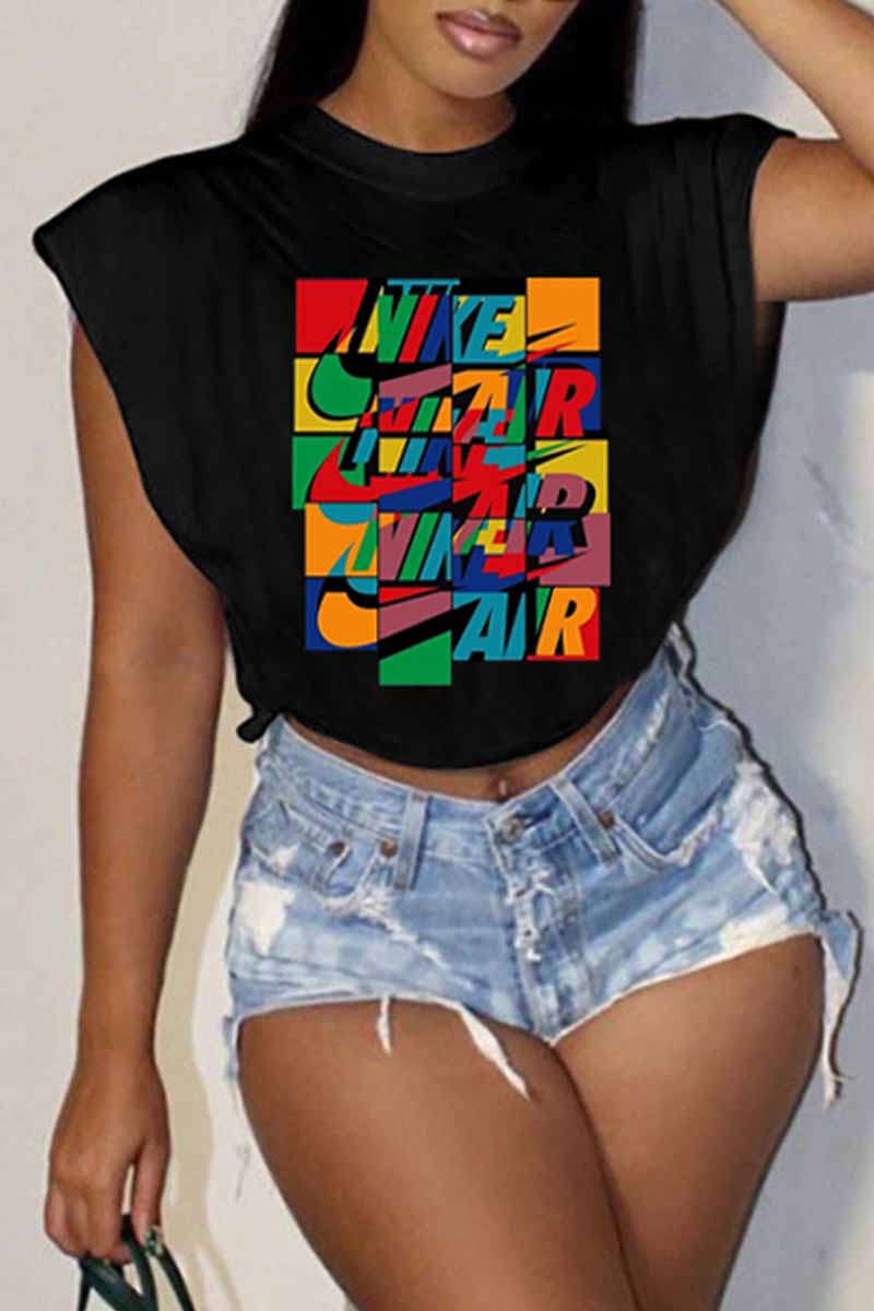 

Black Fashion Casual Print Letter O Neck T-Shirts