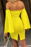 gele mode sexy effen patchwork backless uit de schouder een stap rokjurken