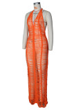 Orange Fashion Sexy Solid Bandage See-through Backless Halter Sleeveless Dress Dresses
