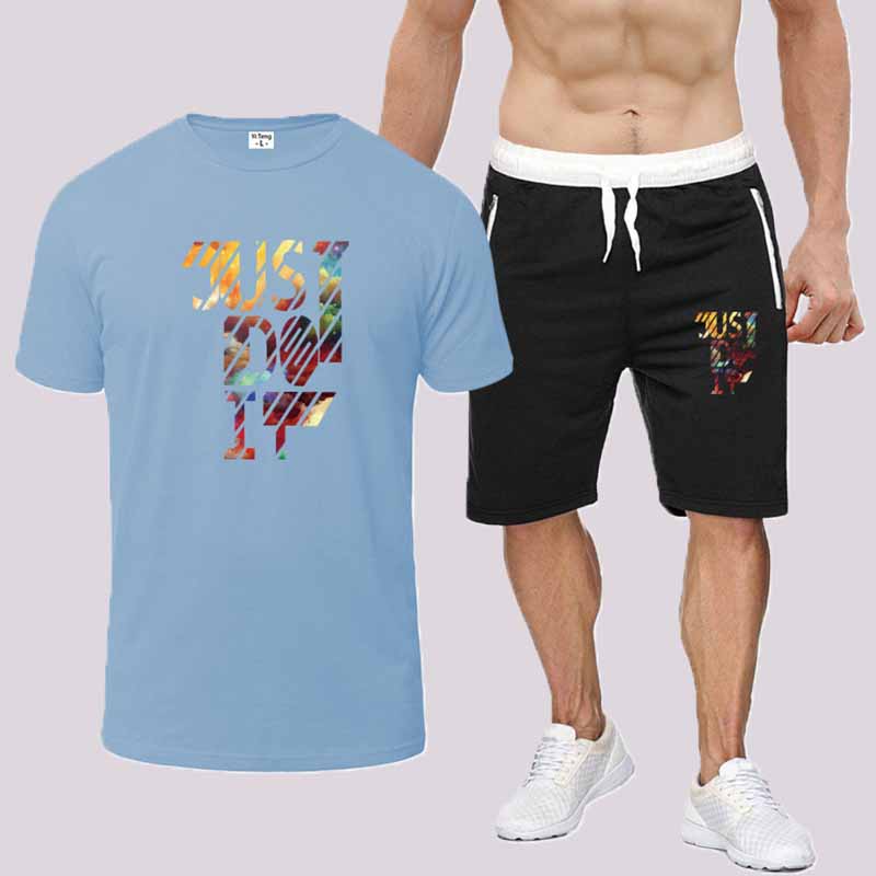 

Baby Blue Fashion Casual Print Letter O Neck Short Sleeve Two Pieces