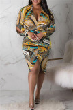 Multicolor Fashion Casual Print Patchwork V Neck Long Sleeve Plus Size Dresses