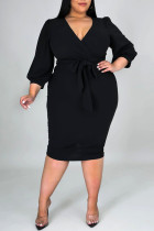 Черная повседневная однотонная повязка в стиле пэчворк с V-образным вырезом, одноступенчатая юбка, платья больших размеров