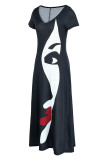 Schwarze Mode Casual Print Patchwork V-Ausschnitt Kurzarm Kleid Kleider