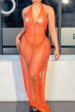 Vestido sin mangas halter sin espalda transparente con vendaje sólido sexy de moda naranja Vestidos