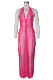 Розово-красное модное сексуальное сплошное бинтовое прозрачное платье без рукавов с открытой спиной и лямкой на шее