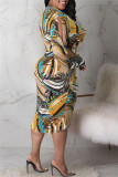 Multicolor Mode Casual Print Patchwork V-hals Lange mouw Grote maten jurken