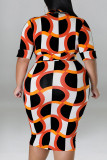 オレンジレッドカジュアルプリントパッチワークVネックワンステップスカートプラスサイズのドレス