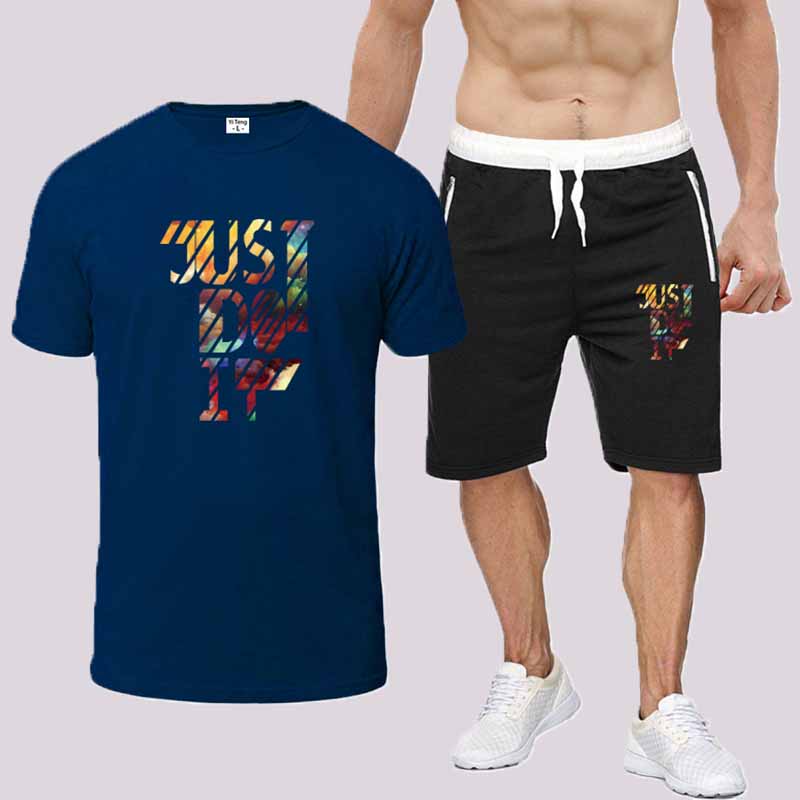 

Navy Blue Fashion Casual Print Letter O Neck Short Sleeve Two Pieces
