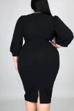 ブラックカジュアルソリッド包帯パッチワークVネックワンステップスカートプラスサイズのドレス