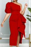 Vestidos de noite elegantes celebridades vermelhas de retalhos sólidos folhos assimétricos gola oblíqua