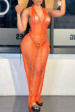 オレンジ色のファッションセクシーな固体包帯シースルーバックレスホルターノースリーブドレスドレス