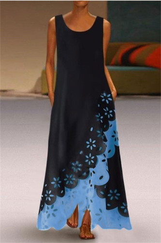 Ljusblå mode Casual Patchwork urholkade asymmetriska O-hals ärmlösa klänningar