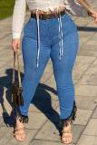 Donkerblauwe casual kwastjes patchwork hoge taille denim jeans