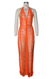 Orange Fashion Sexy Solid Bandage Прозрачное платье без рукавов без рукавов с открытой спиной