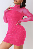 Vestidos de lantejoulas sexy moda roxa com lantejoulas transparentes gola alta mangas compridas