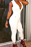 White Sexy Solid Patchwork Zipper Collar Skinny Jumpsuits