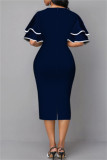 チベットブルーファッションカジュアルプリントパッチワークVネックワンステップスカートドレス