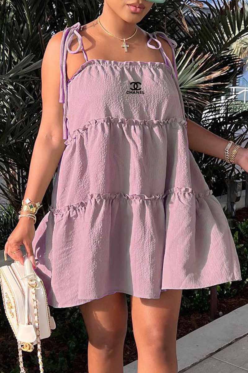 

Purple Fashion Sweet Print Patchwork Spaghetti Strap Cake Skirt Dresses