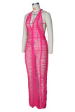 ローズレッドファッションセクシーなソリッド包帯シースルーバックレスホルターノースリーブドレスドレス