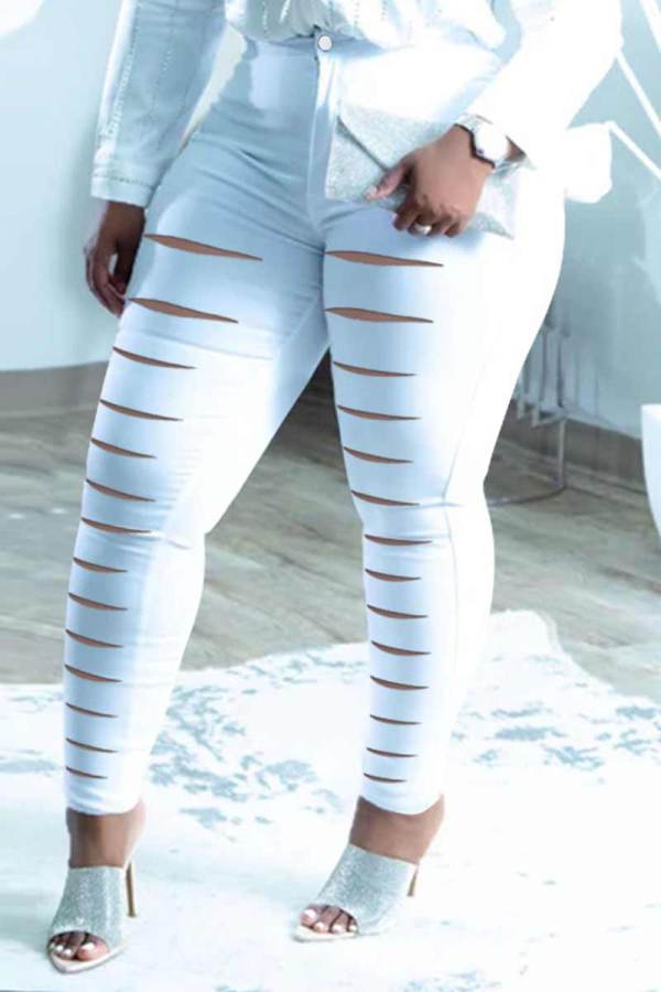 Weiße sexy Street Solid zerrissene, ausgehöhlte Patchwork-Denim-Jeans mit hoher Taille