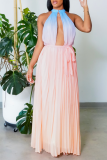 ピンク ファッション グラデーション パッチワーク ホルター メッシュ ドレス ドレス