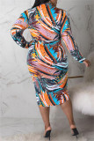イエローファッションカジュアルプリントパッチワークVネック長袖プラスサイズのドレス