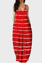 Vestido longo vermelho fashion listrado sem costas com alça de espaguete