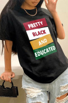 Camisetas con cuello en O básicas de patchwork con estampado de letras informales de moda negro