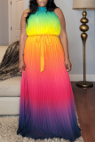 Colour Fashion Gradual Change Patchwork Halter Mesh Dress Dresses