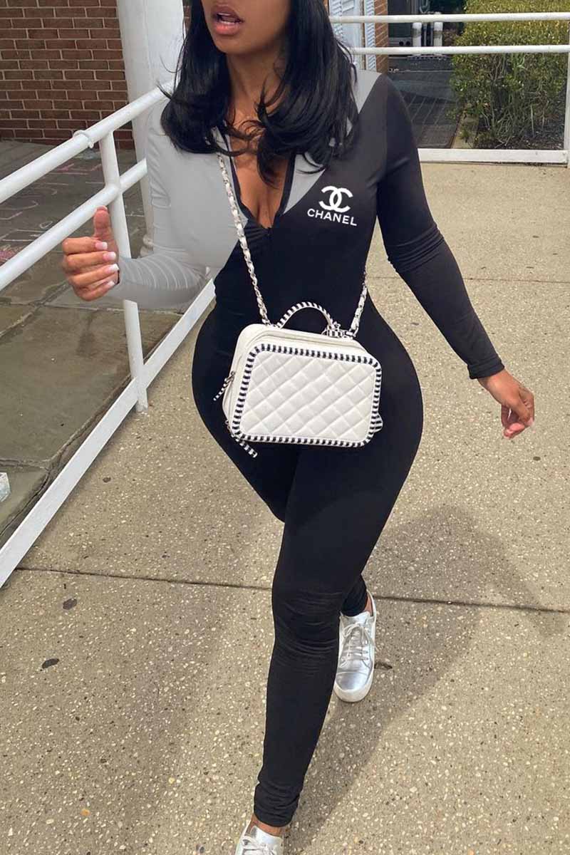 

Grey Fashion Casual Print Patchwork Zipper Collar Jumpsuits