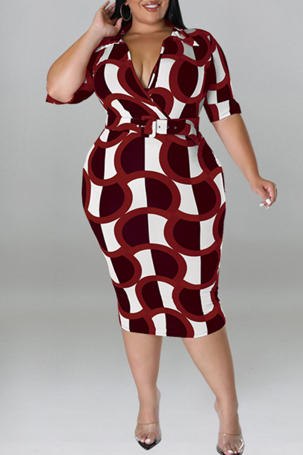 Bourgondische casual print patchwork V-hals eenstaps rok Grote maten jurken