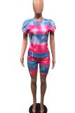 Rainbow Color Casual Print Patchwork O Neck Short Sleeve Two Pieces