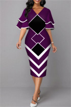 Vestidos de falda de un paso con cuello en V estampado casual de moda púrpura