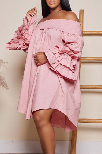 Pink Casual Sweet Solid Patchwork Flounce Fold Off the Shoulder Princess Dresses