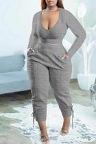 Gris Casual Solid Bandage Patchwork V Neck Plus Size Two Pieces