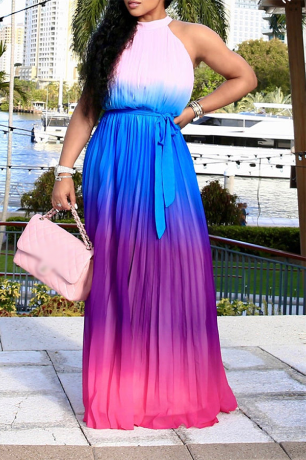 Синяя мода постепенное изменение лоскутное платье с лямкой на шее платье в сеточку Платья