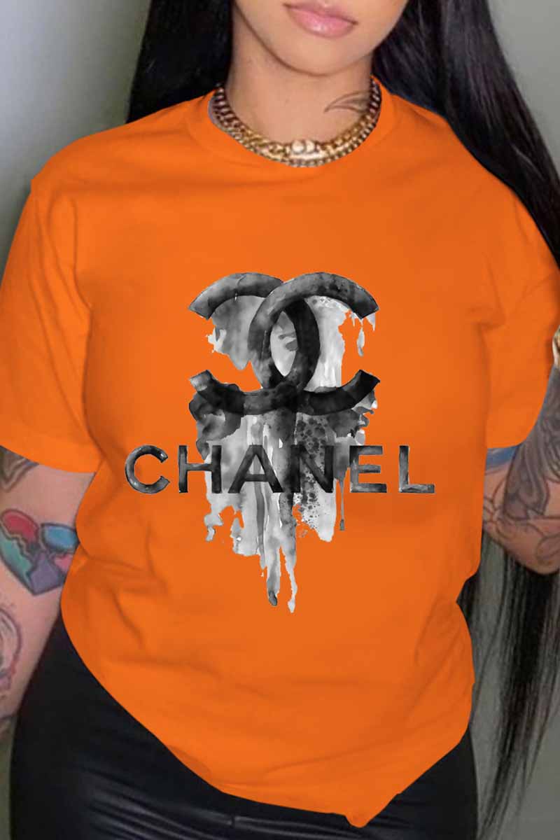 

Orange Fashion Casual Print Letter O Neck T-Shirts