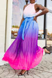 Blue Fashion Gradual Change Patchwork Halter Mesh Dress Dresses