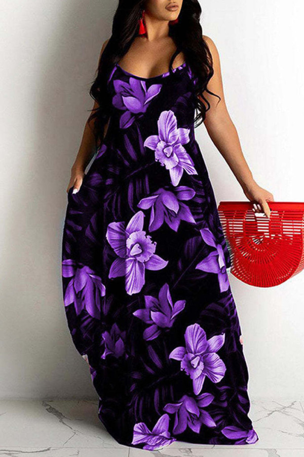 Púrpura sexy estampado patchwork correa de espagueti sling dress vestidos de talla grande