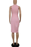 Pink Casual Solid Patchwork Slit O Neck Sleeveless Two Pieces