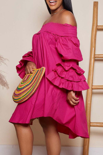 Rose Red Casual Sweet Solid Patchwork Flounce Fold Off the Shoulder Princess Dresses