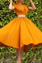 Gele casual effen patchwork gesp met riem O-hals A-lijn jurken (bevatten de riem)