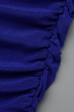 Azul sexy sólido patchwork transparente pliegue o cuello manga larga tres piezas