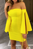 gele mode sexy effen patchwork backless uit de schouder een stap rokjurken