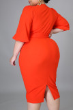 Tangerine Casual Solid Bandage Patchwork V Neck One Step Jupe Plus Size Robes