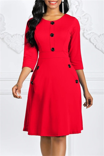 Robe rouge à la mode décontractée en patchwork solide O Neck A Line