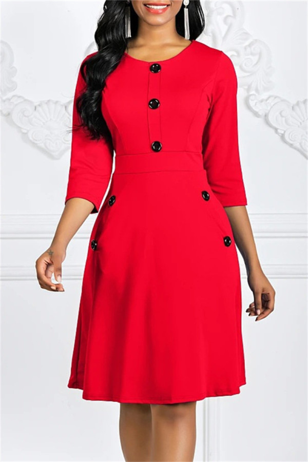 Красные модные повседневные однотонные платья в стиле пэчворк с круглым вырезом