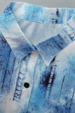 Il cowboy blu casual stampa patchwork spacco colletto rovesciato top