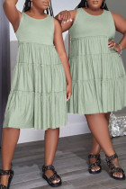 Light Green Casual Solid Patchwork Fold O Neck A Line Dresses